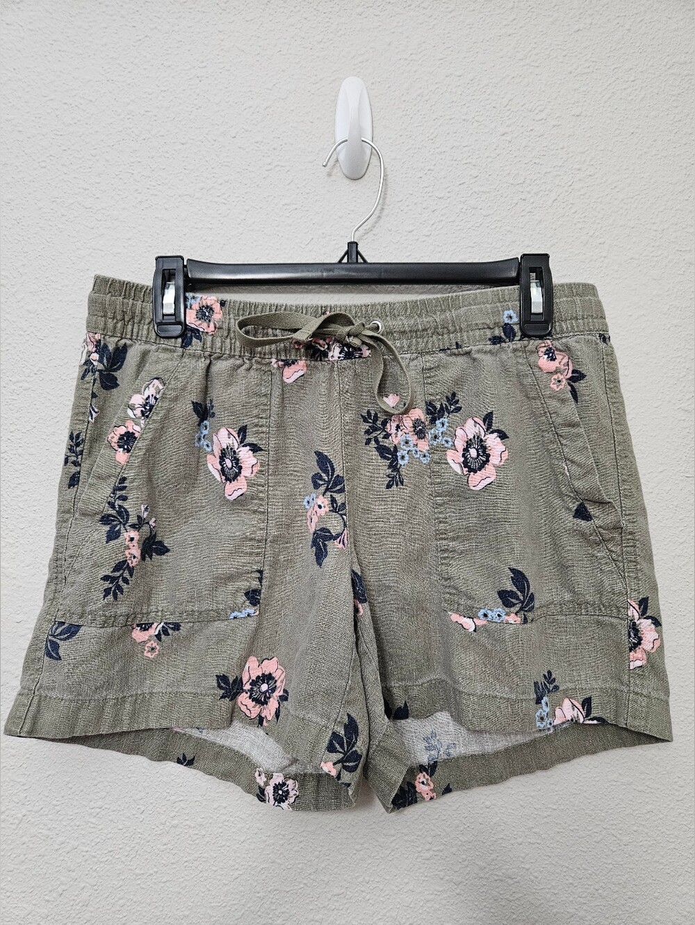 Nautica Small Linen Blend Floral Pull-On Shorts Olive Green Pockets Cottagecore